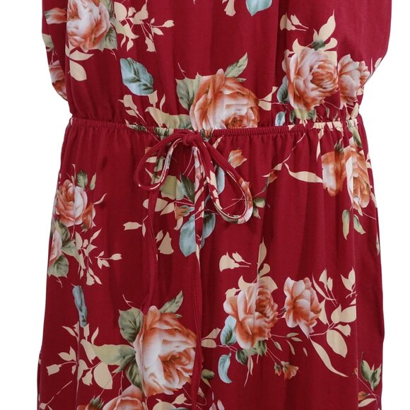 Floral Red Midi Dress With Elastic Waist Women Size L Short Sleeve Pocket FLAW - Picture 2 of 12